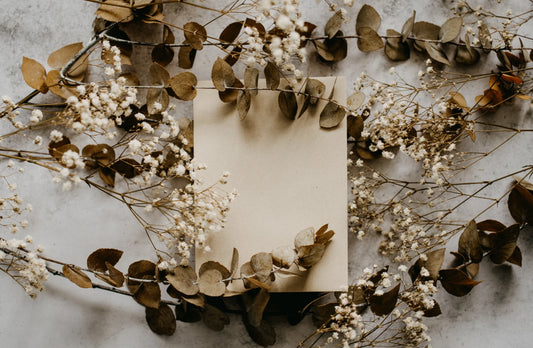 Gift box with an urn in it surrounded by eucalyptus and baby's breath